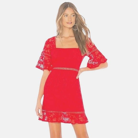 MINKPINK Dresses & Skirts - NWT MinkPink Cherry Red Starstruck Lace Mini Party Dress Sheer Back Star Print M